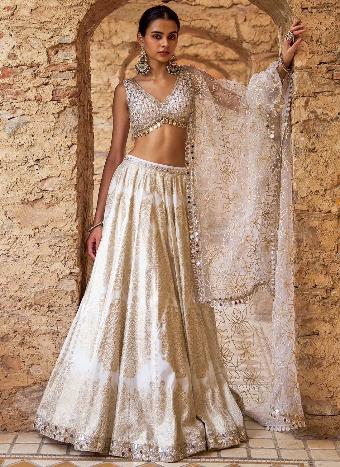 White and Gold Embroidered Viscose Brocade Lehenga - Lashkaraa