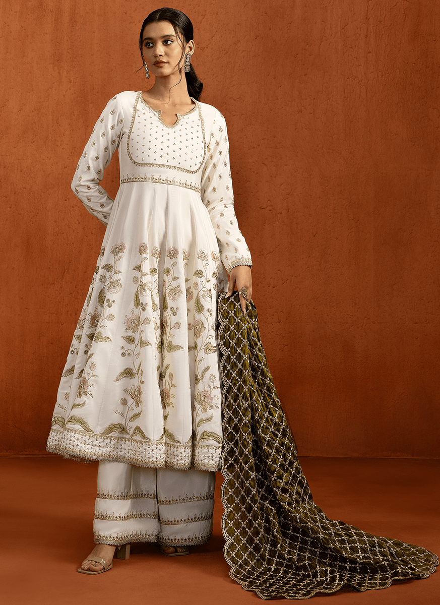 white embroidered anarkali dress Nora fatehi White cotton floral printed long anarkali suit