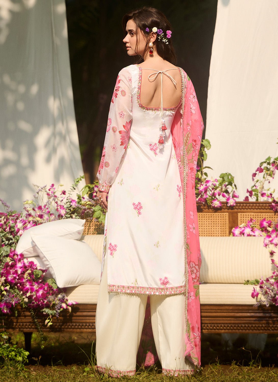 White and Pink Floral Printed Palazzo Suit - Lashkaraa