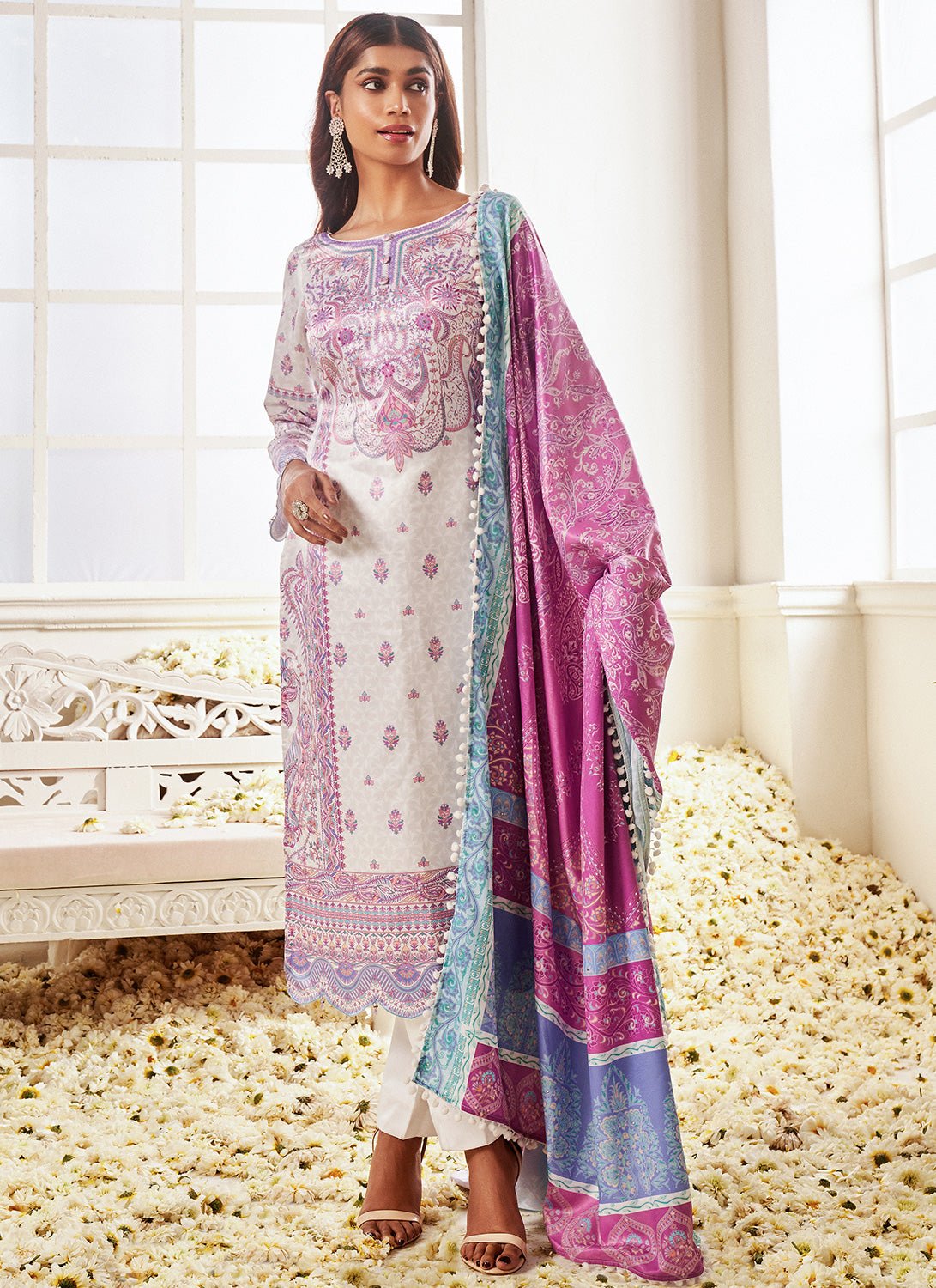 White and Purple Floral Printed Straight Suit - Lashkaraa