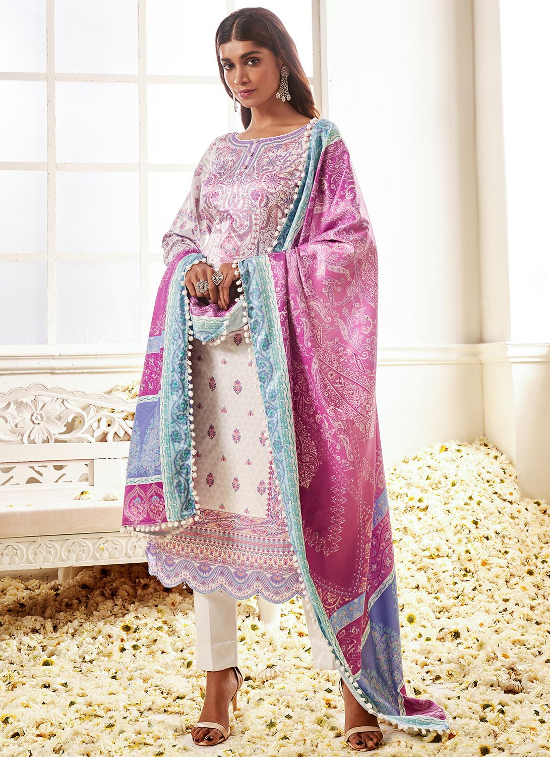 White and Purple Floral Printed Straight Suit - Lashkaraa