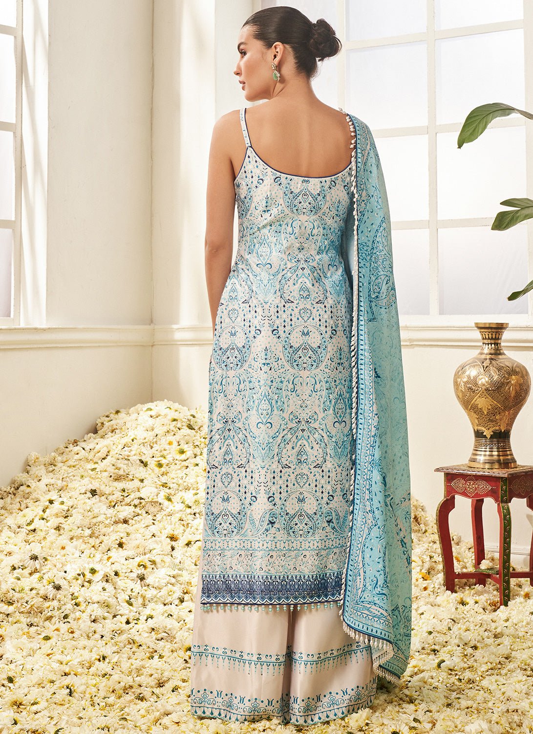 White and Sky Blue Floral Printed Straight Suit - Lashkaraa