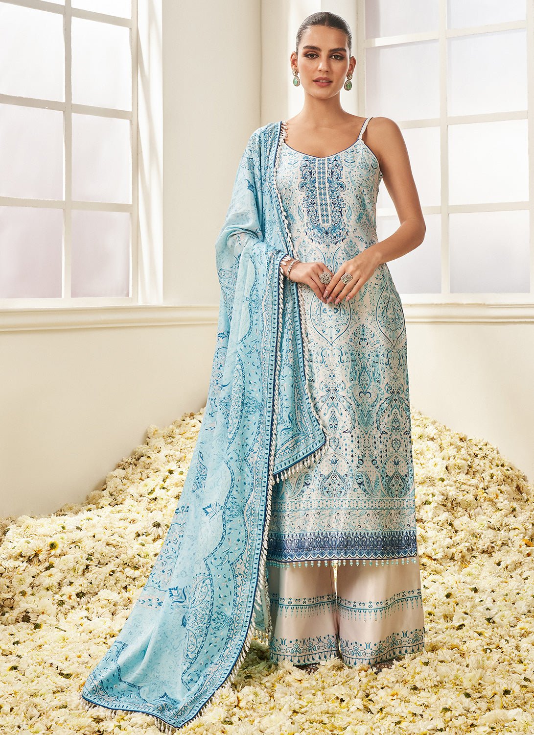 White and Sky Blue Floral Printed Straight Suit - Lashkaraa
