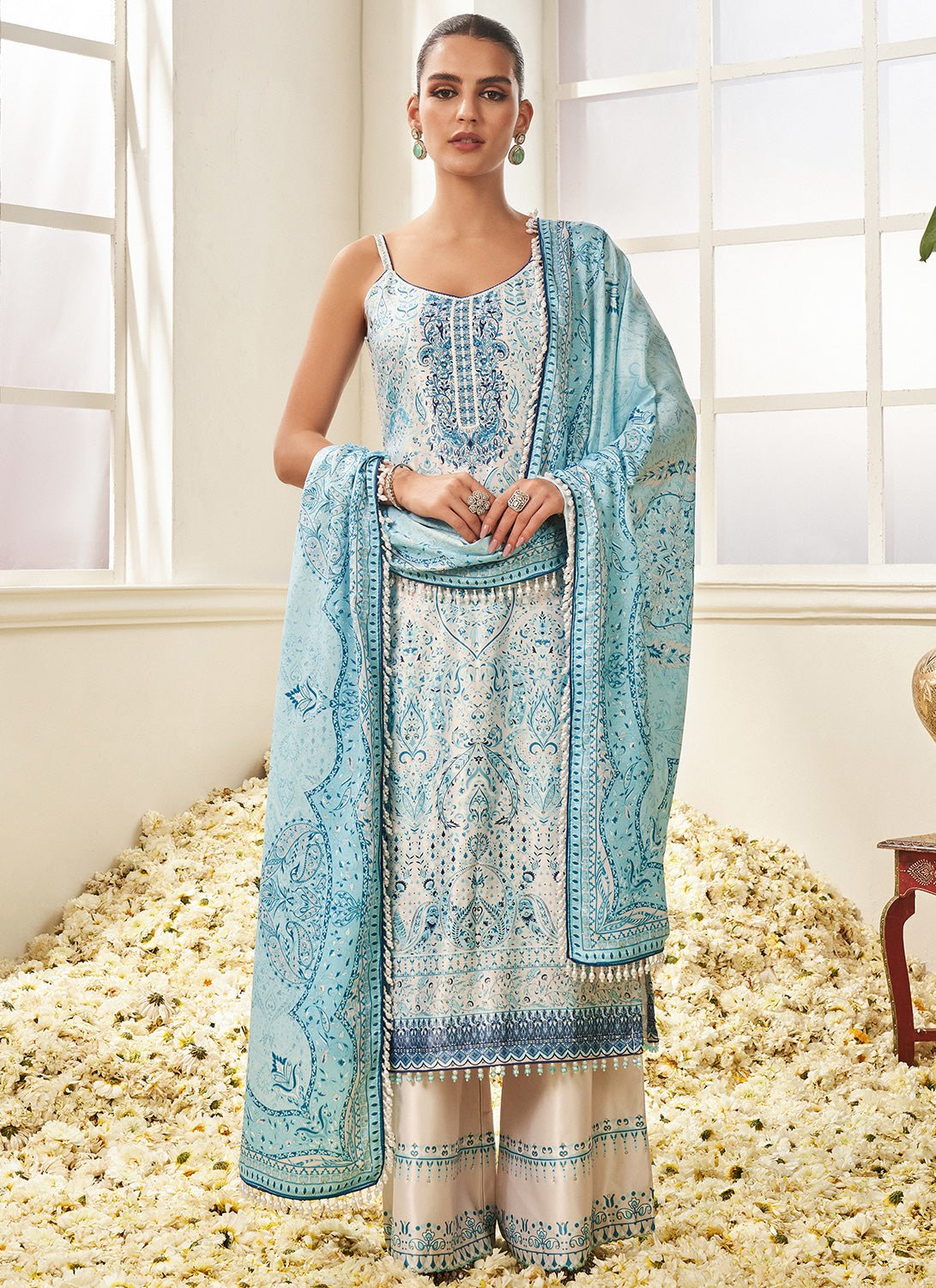 White and Sky Blue Floral Printed Straight Suit - Lashkaraa