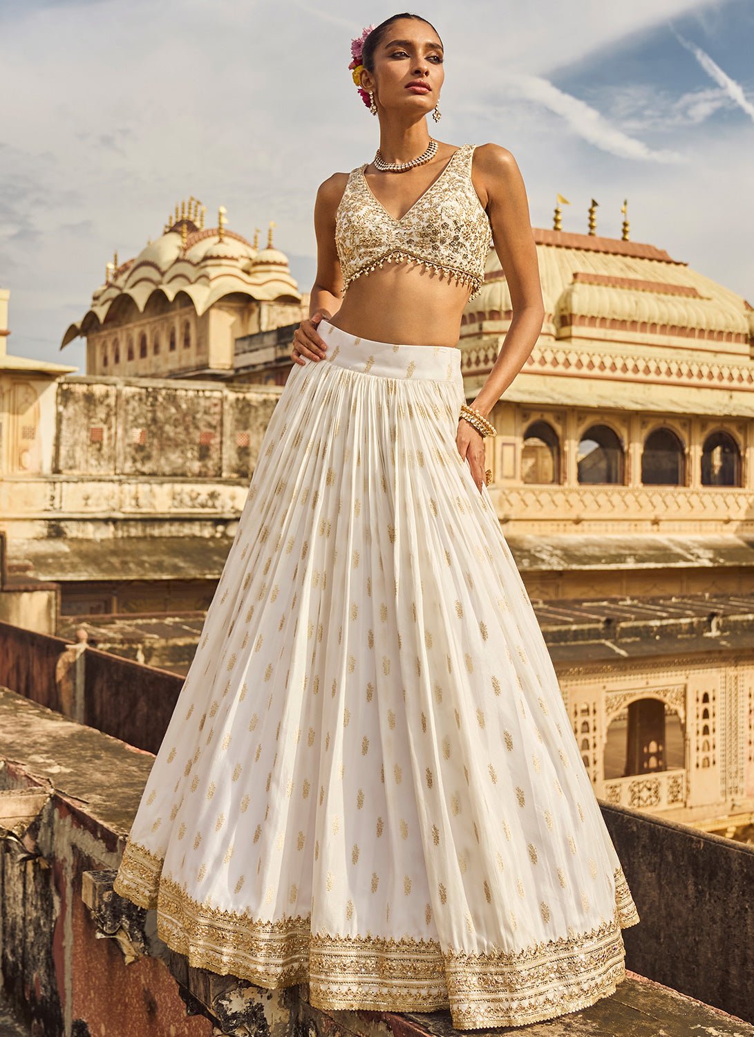 White Embroidered Brocade Lehenga - Lashkaraa