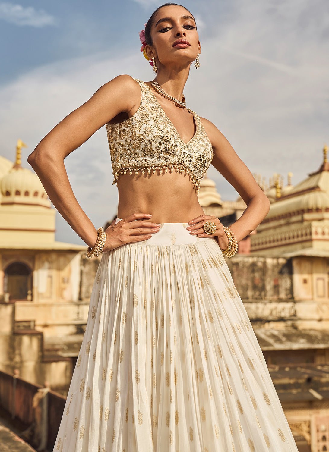 White Embroidered Brocade Lehenga - Lashkaraa