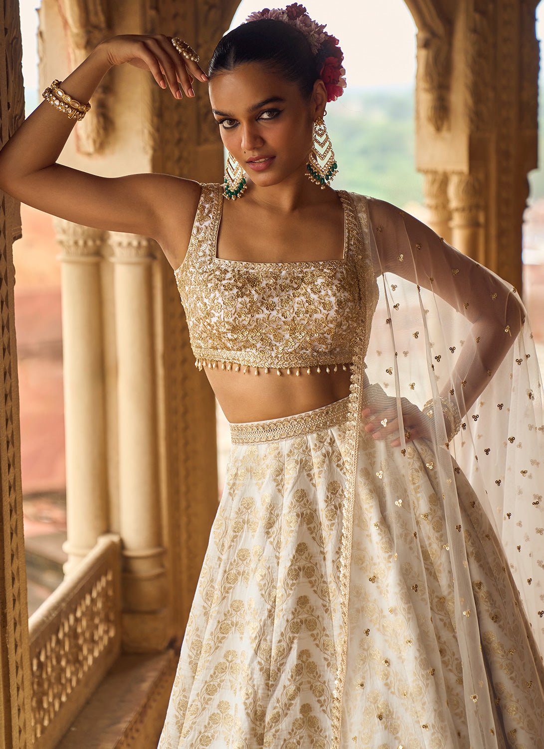 White Embroidered Brocade Lehenga - Lashkaraa
