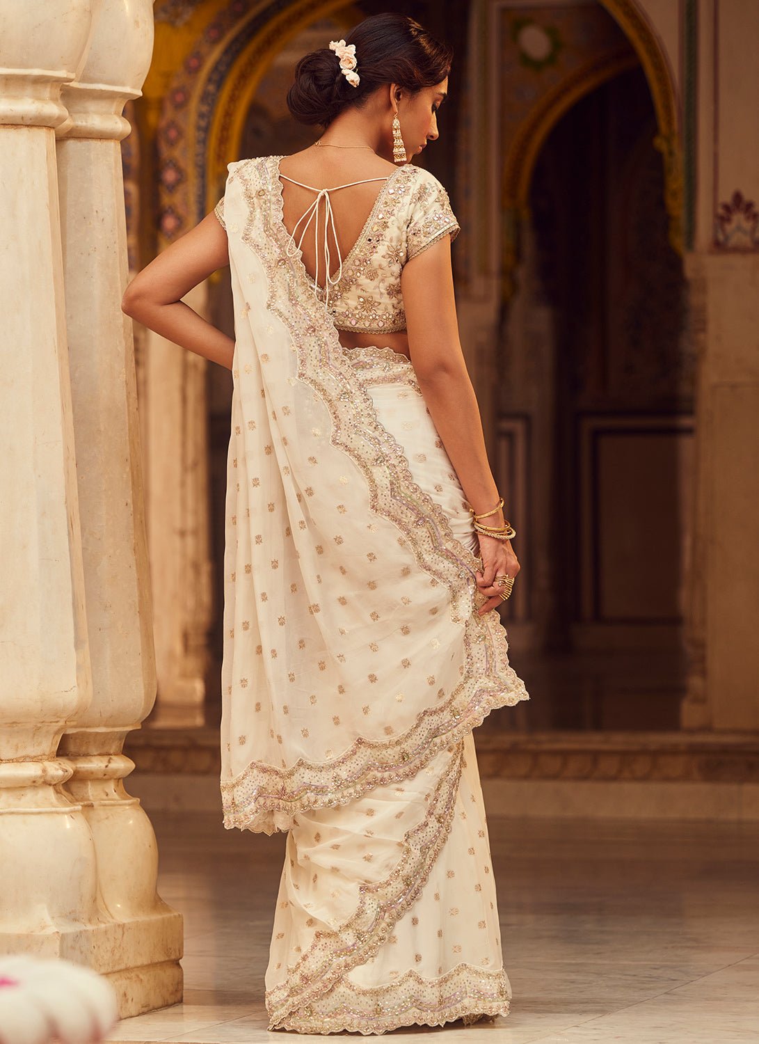 White Embroidered Brocade Saree - Lashkaraa