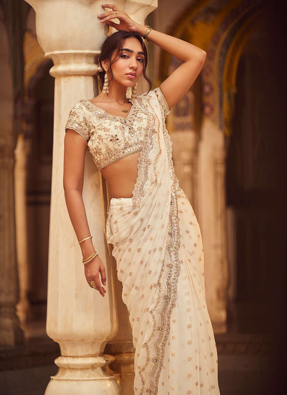 White Embroidered Brocade Saree - Lashkaraa