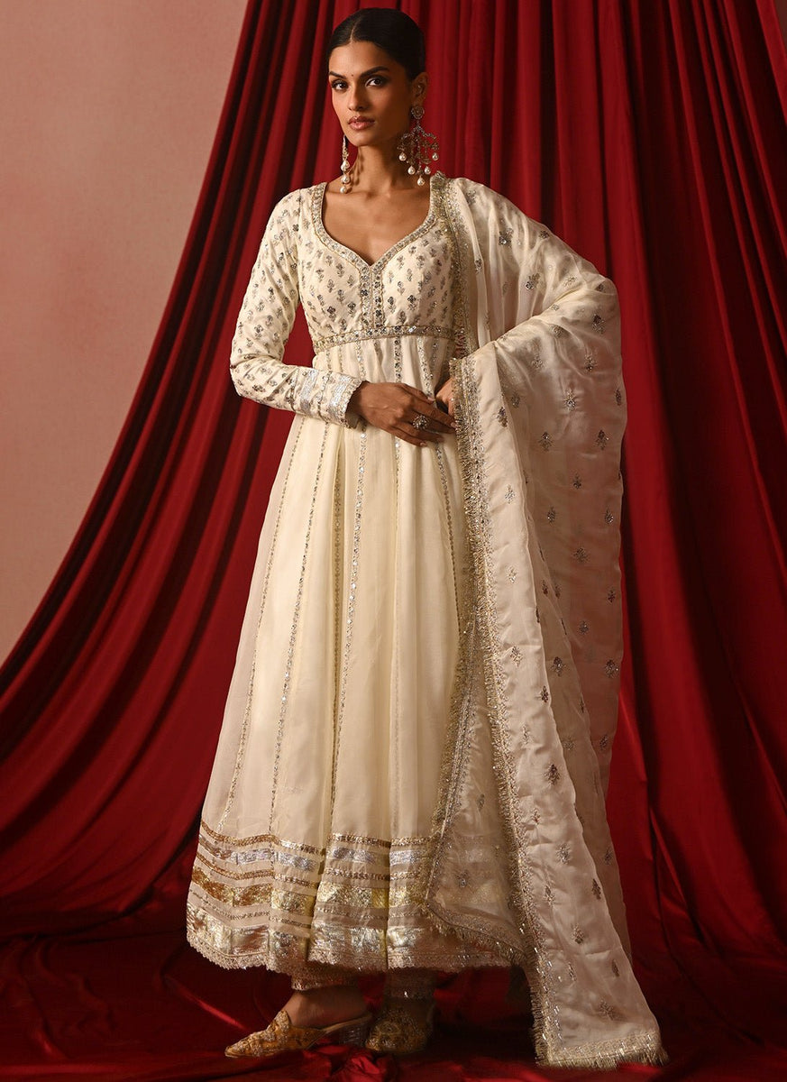 slim fit dress slacks White Embroidered Silk Anarkali