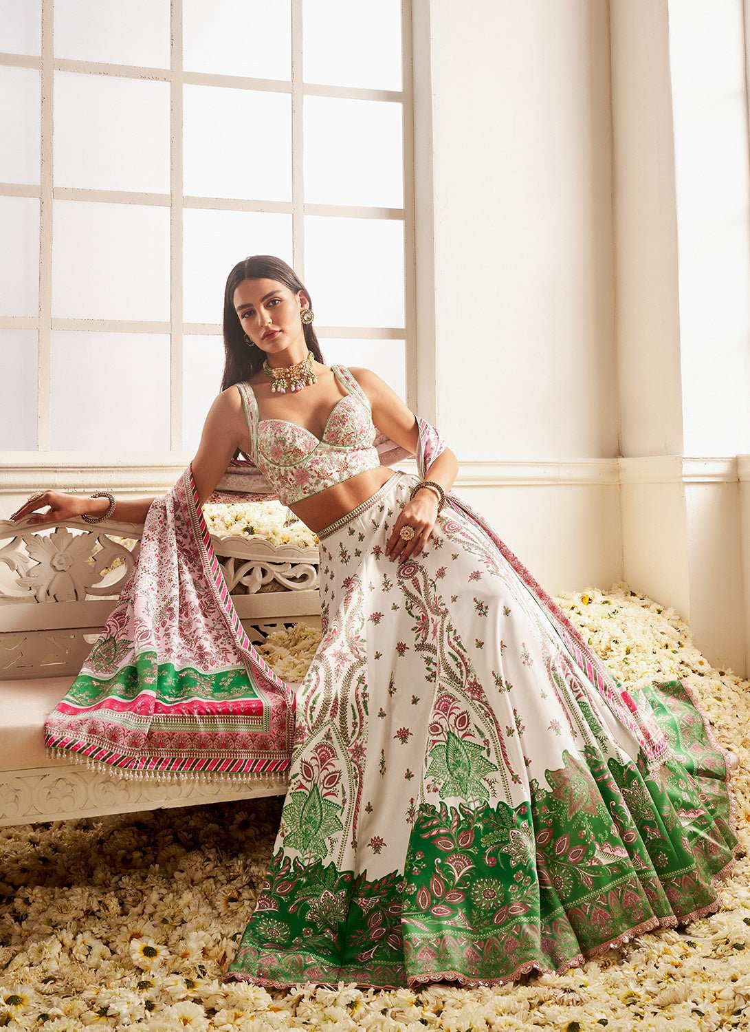 White Multicolor Floral Printed Lehenga - Lashkaraa