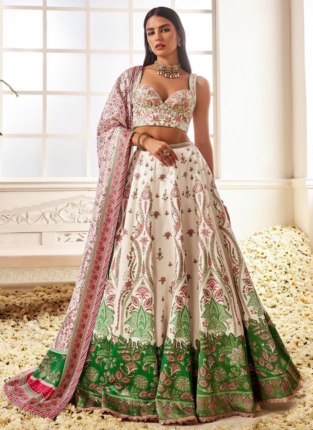 White Multicolor Floral Printed Lehenga - Lashkaraa