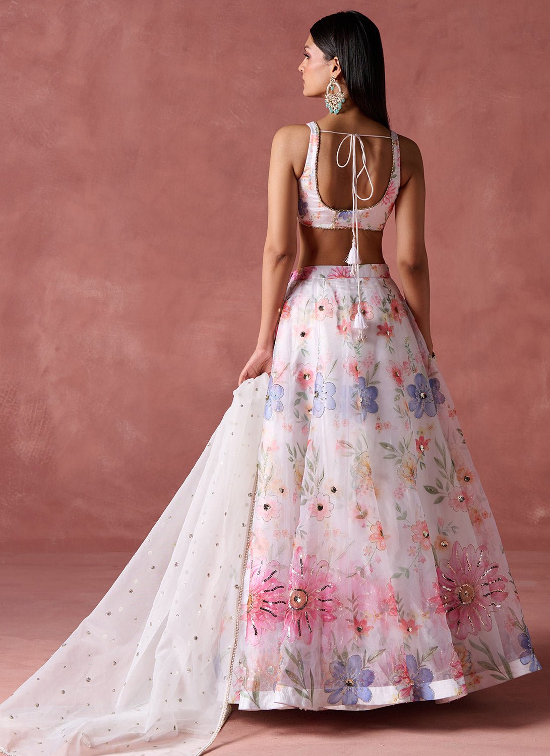White Multicolor Floral Printed Organza Lehenga - Lashkaraa