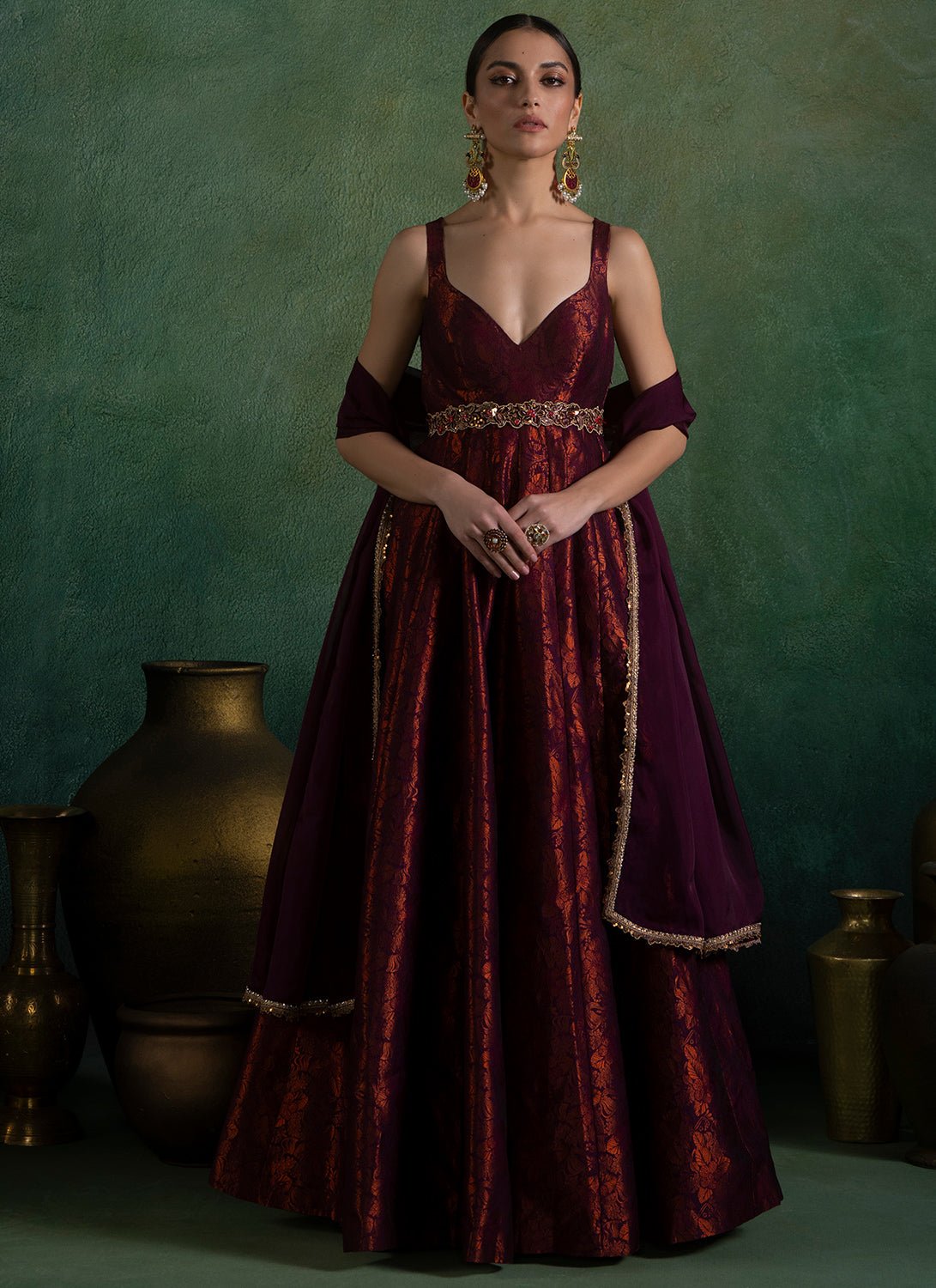 Wine Embroidered Brocade Anarkali - Lashkaraa