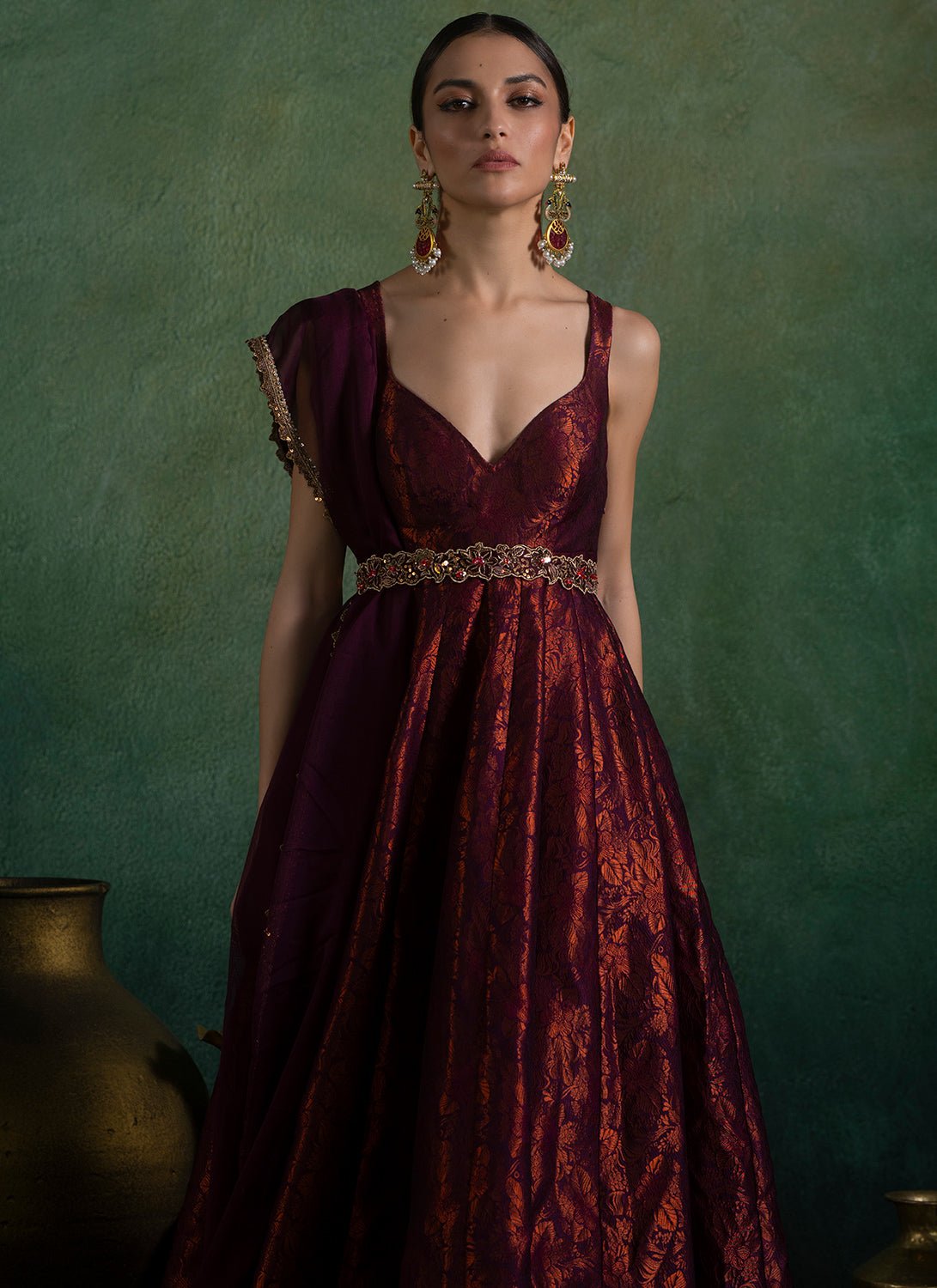 Wine Embroidered Brocade Anarkali - Lashkaraa