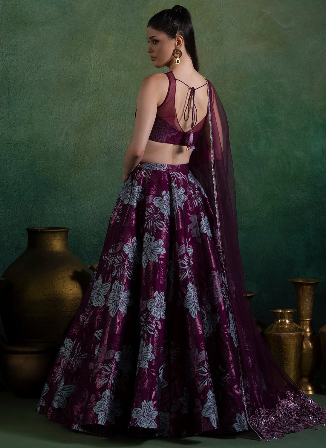 Wine Embroidered Brocade Lehenga - Lashkaraa