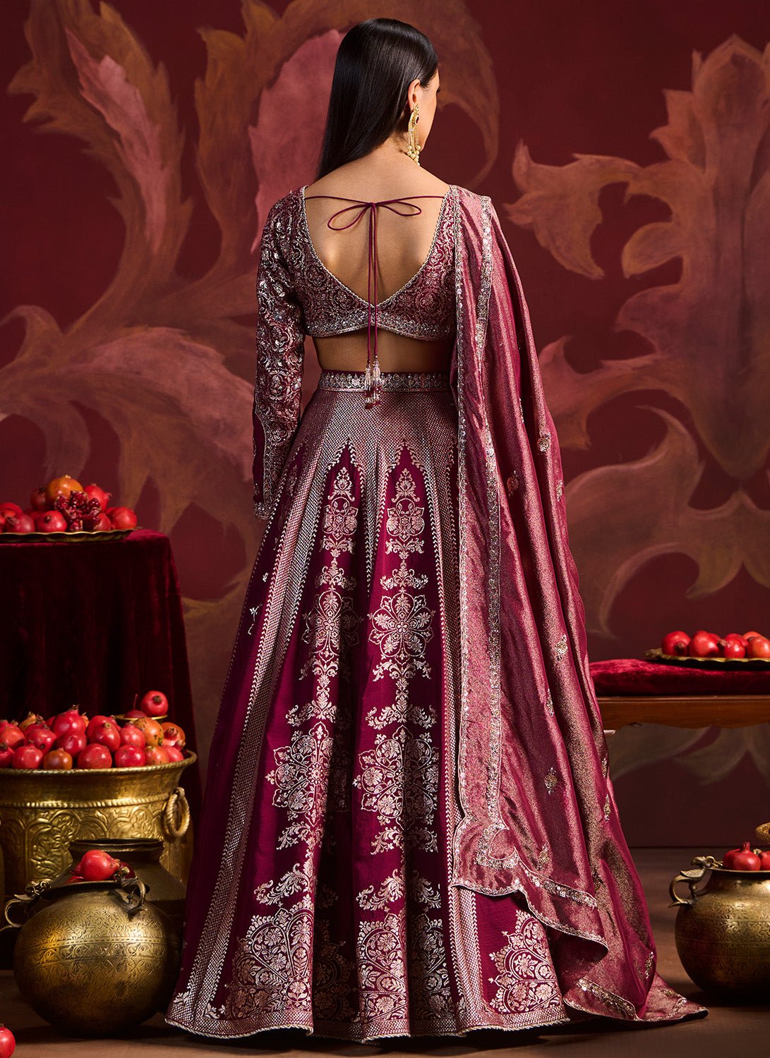Wine Embroidered Brocade Lehenga - Lashkaraa