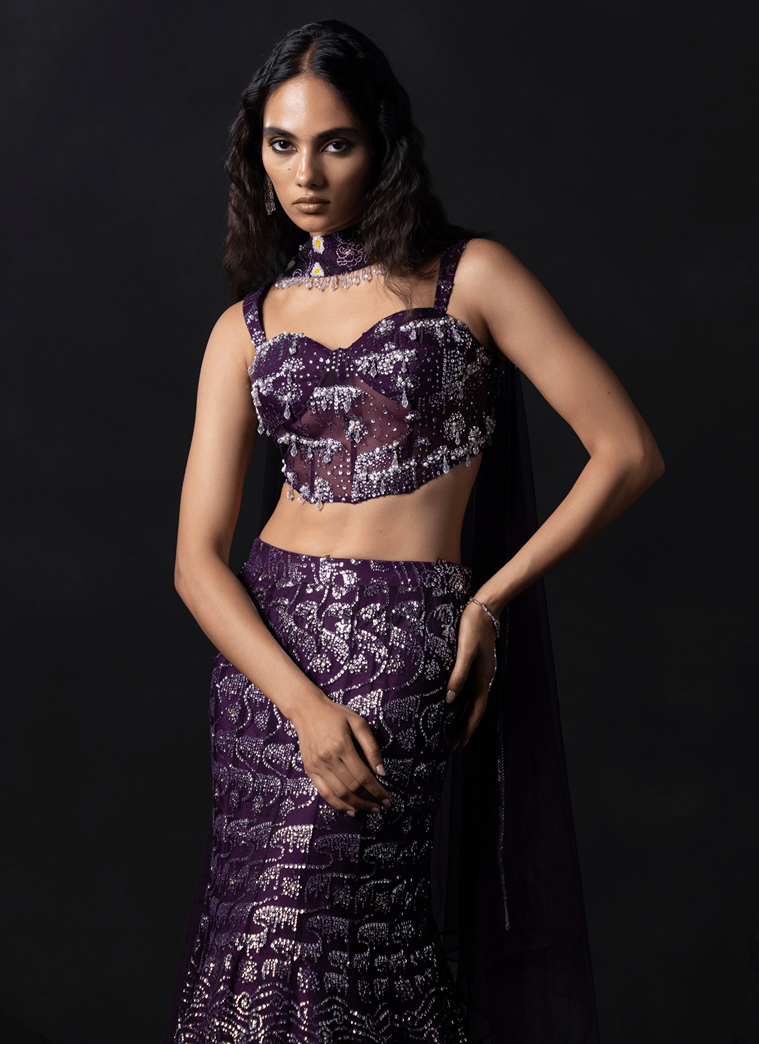 Wine Embroidered Net Lehenga - Lashkaraa