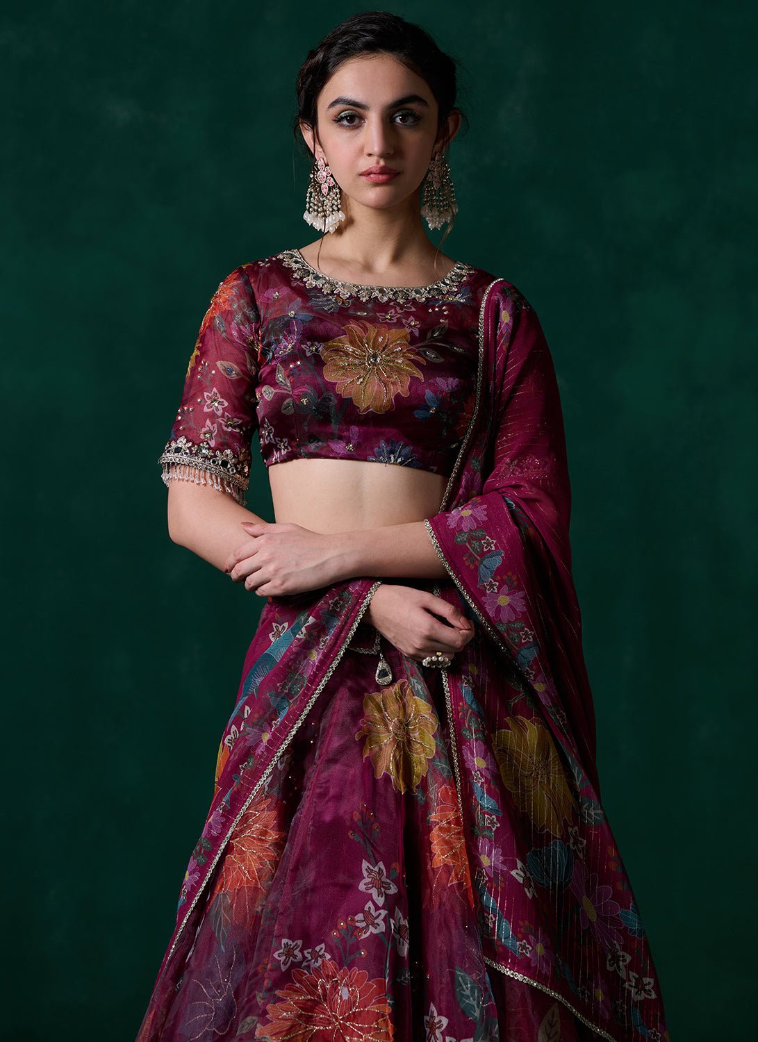 Wine Multicolor Floral Printed Lehenga - Lashkaraa