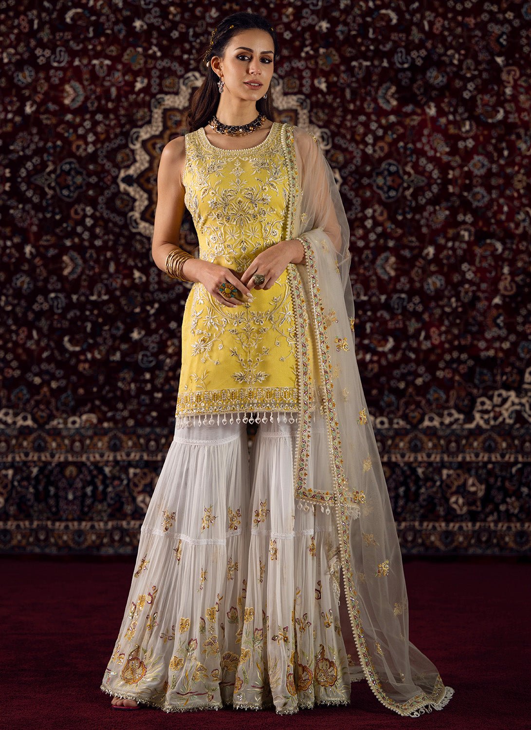 Yellow and White Embroidered Net Gharara Suit - Lashkaraa