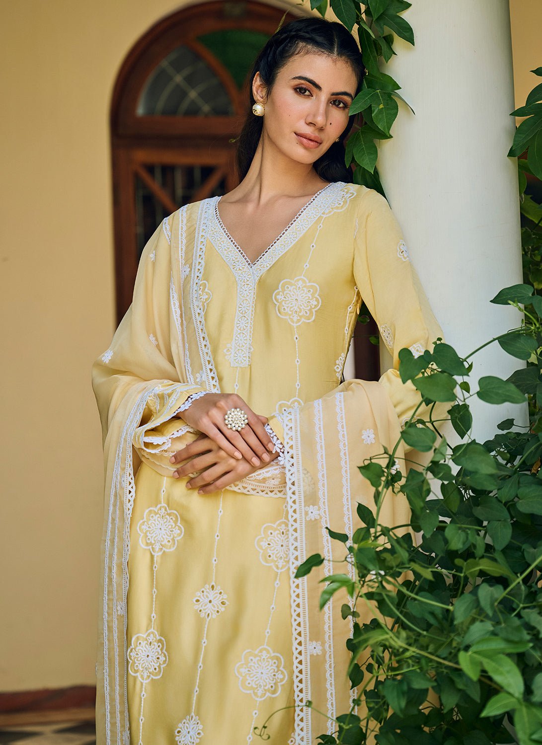 Yellow Embroidered Cotton Straight Suit - Lashkaraa