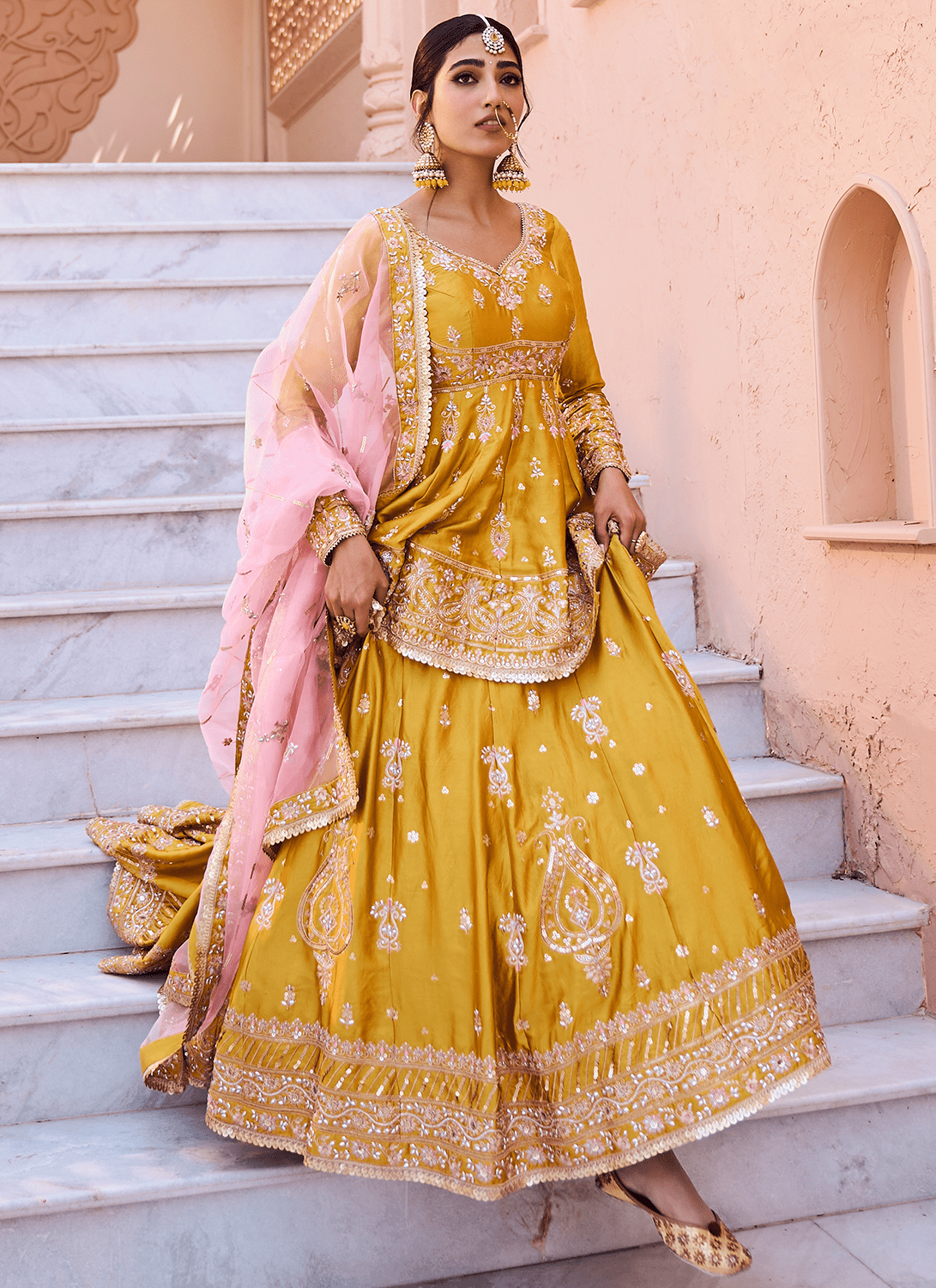 Yellow Embroidered Peplum Style Lehenga - Lashkaraa