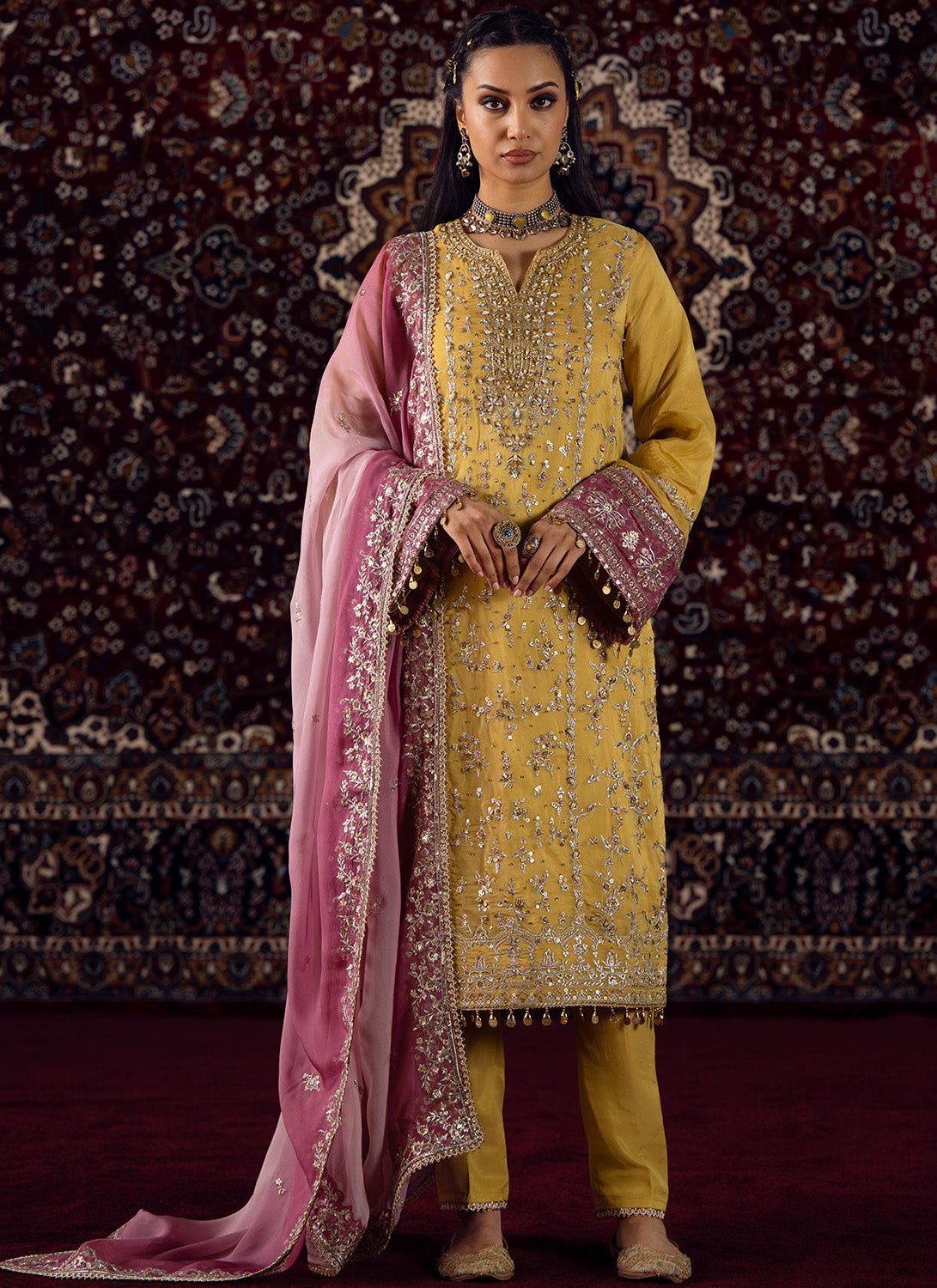 Yellow Embroidered Straight Suit - Lashkaraa
