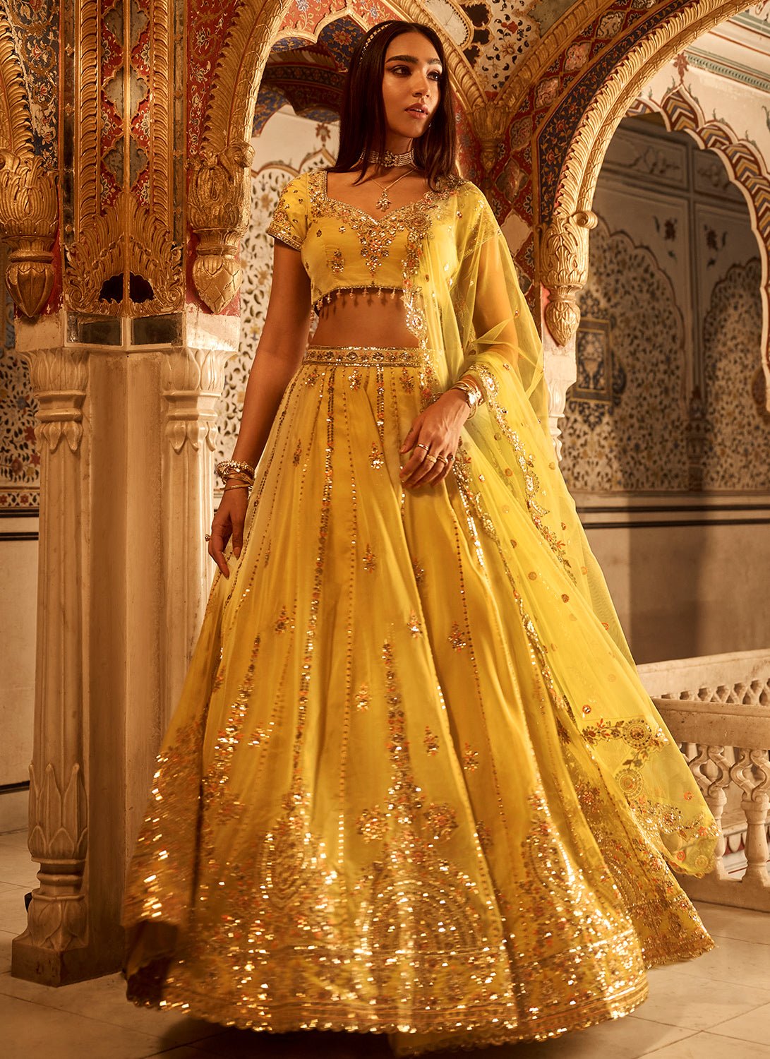 Yellow Embroidered Viscose Organza Lehenga - Lashkaraa