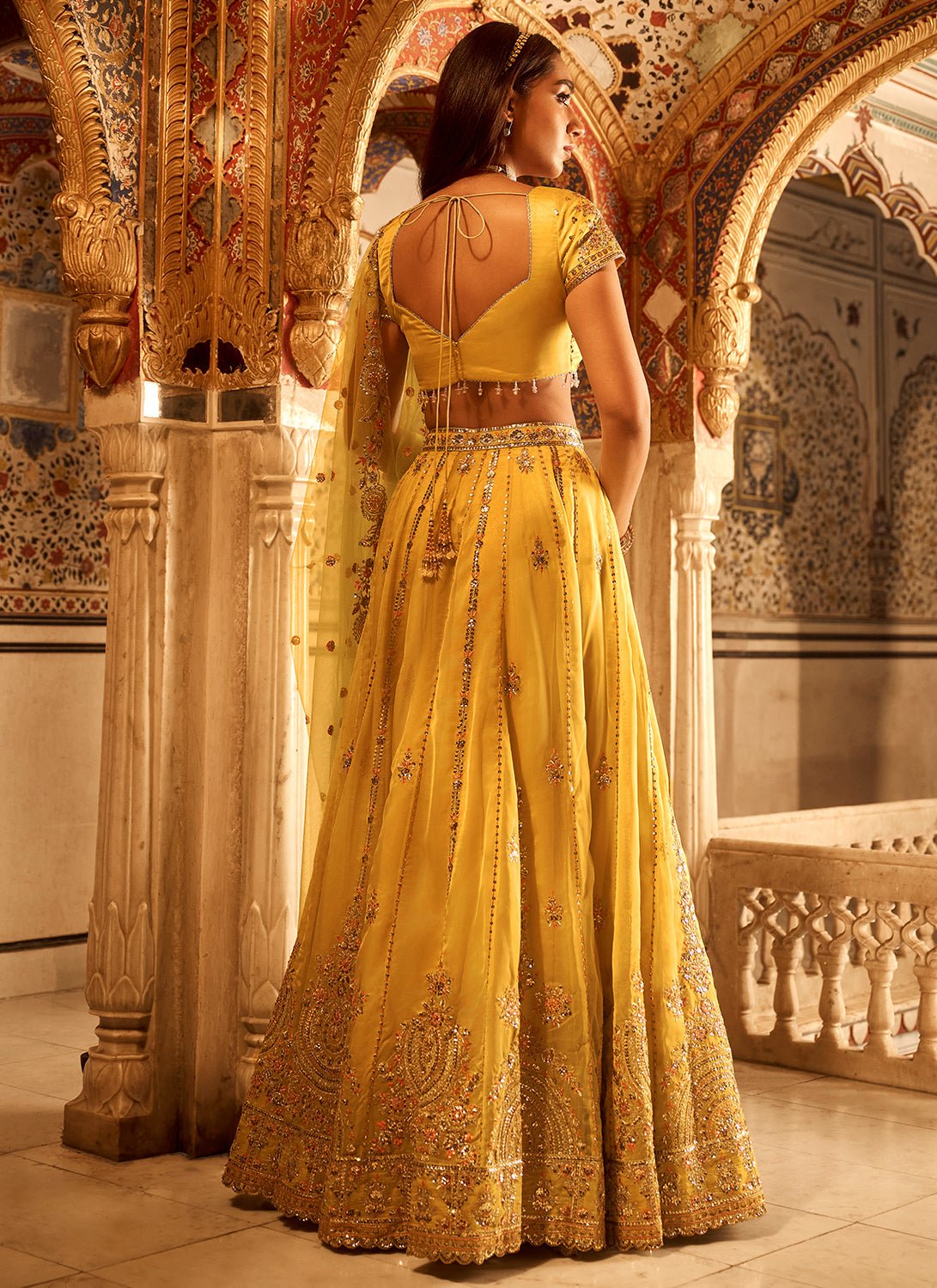 Yellow Embroidered Viscose Organza Lehenga - Lashkaraa