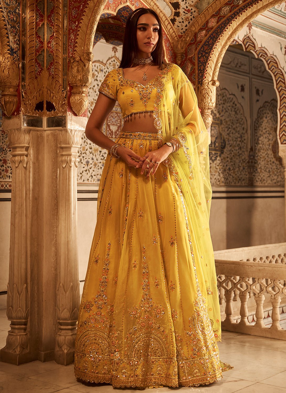 Yellow Embroidered Viscose Organza Lehenga - Lashkaraa