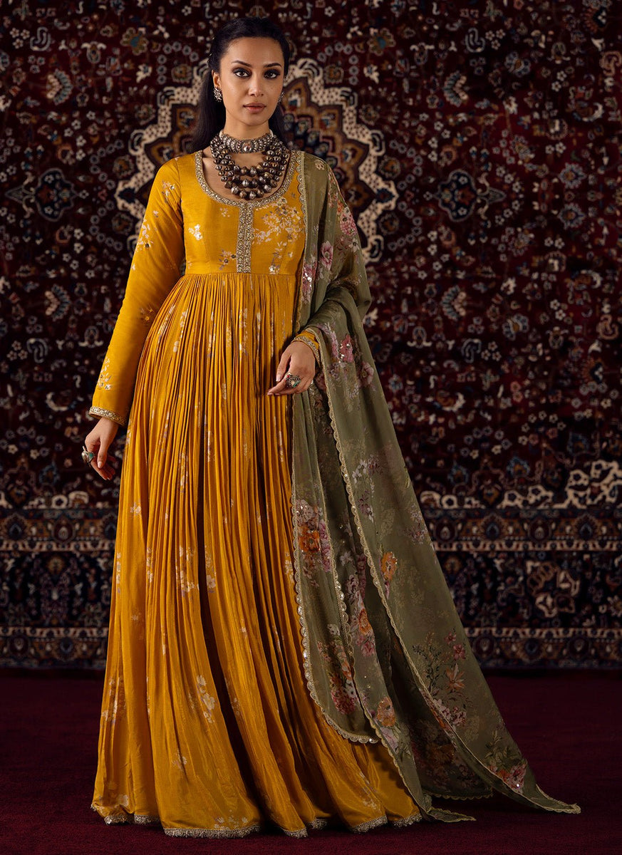 silk anarkali dress Yellow Embroidered Viscose Long White Halter Wedding The tissue silk anarkali sizebay color:Light Green