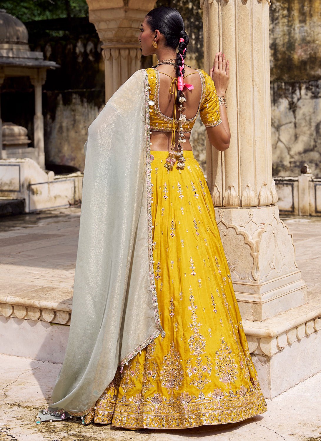 Yellow Embroidered Viscose Silk Lehenga - Lashkaraa