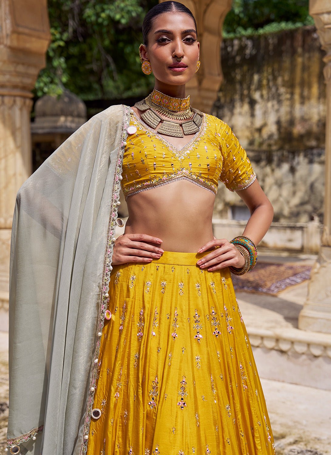 Yellow Embroidered Viscose Silk Lehenga - Lashkaraa