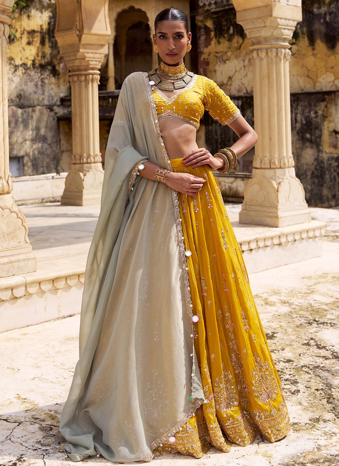 Yellow Embroidered Viscose Silk Lehenga - Lashkaraa