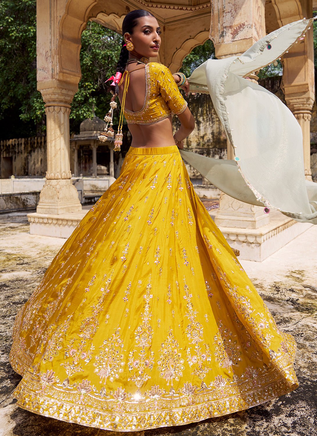 Yellow Embroidered Viscose Silk Lehenga - Lashkaraa