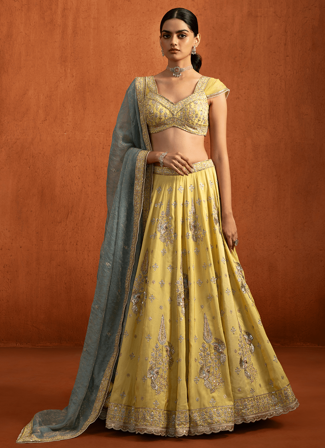 Yellow Embroidered Viscose Tissue Lehenga - Lashkaraa