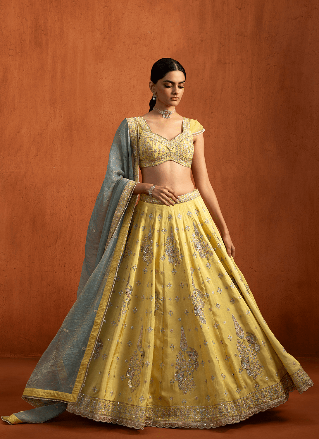 Yellow Embroidered Viscose Tissue Lehenga - Lashkaraa