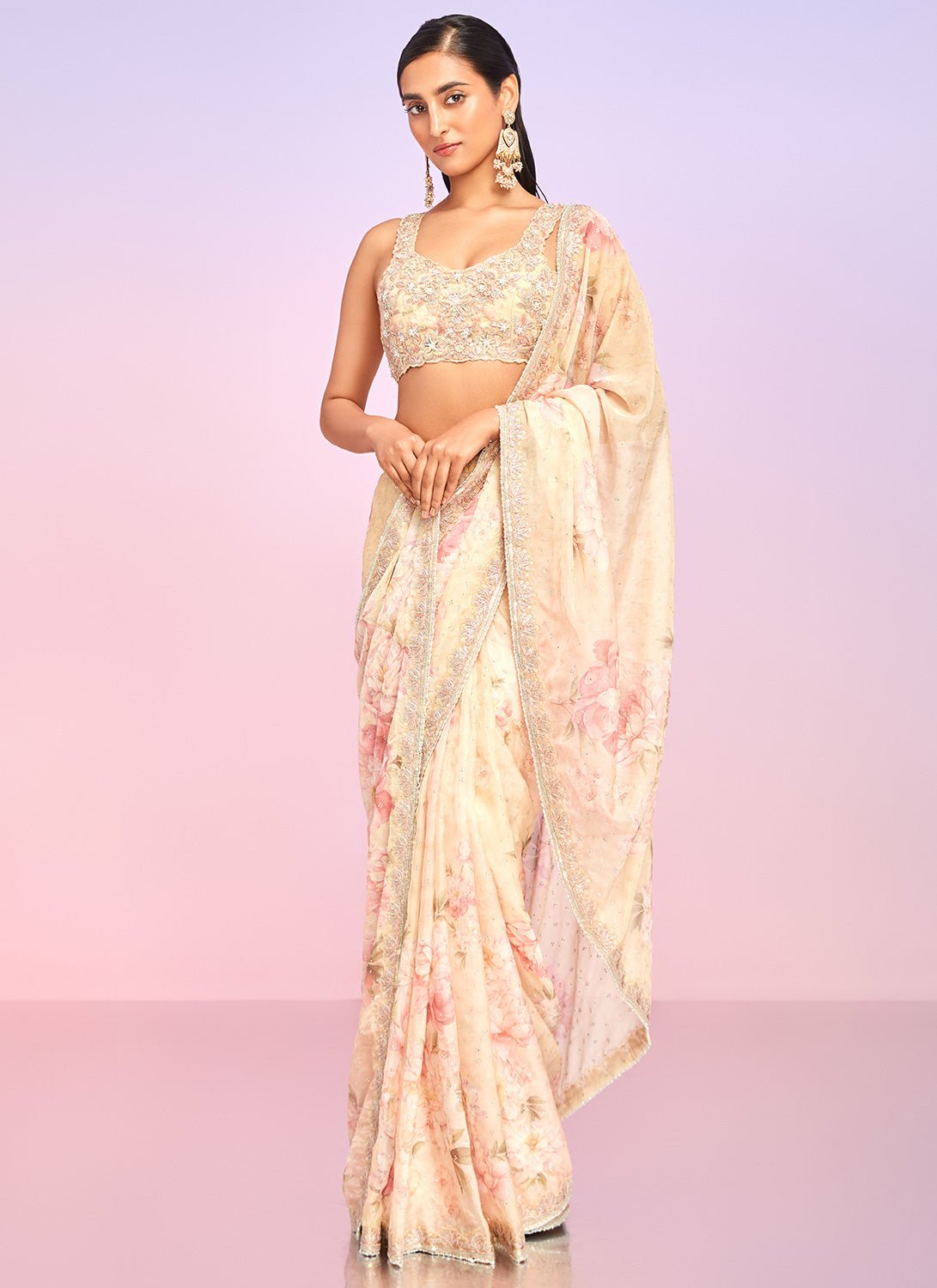 Yellow Floral Embellished Saree - Lashkaraa