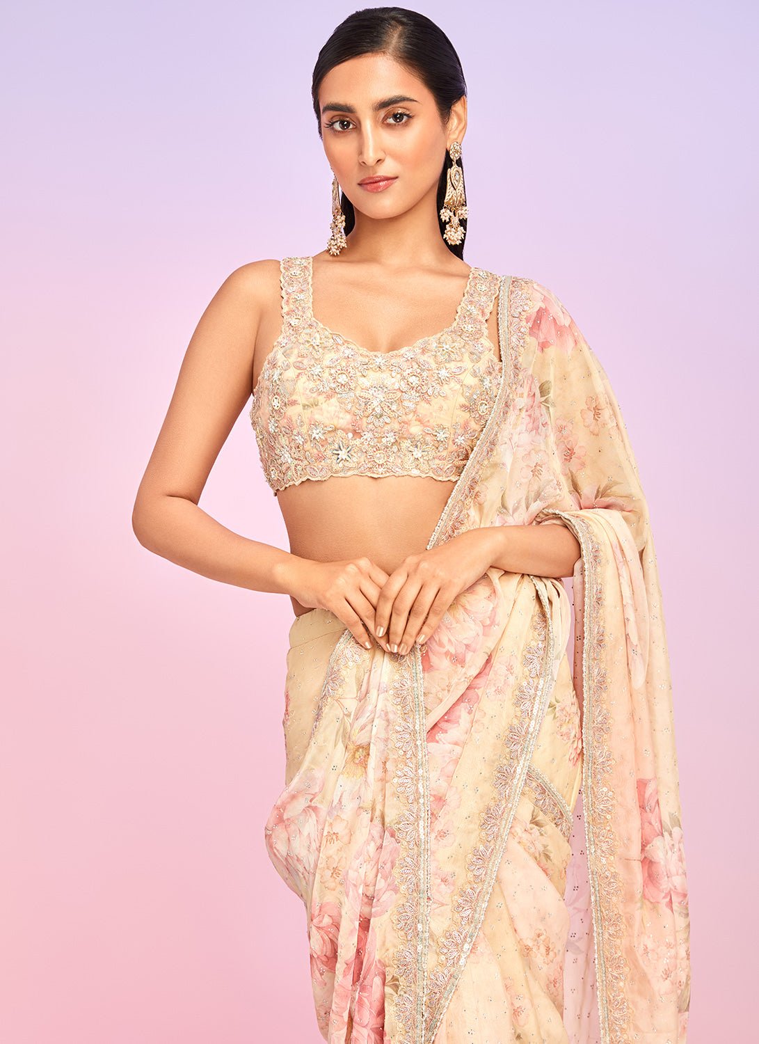 Yellow Floral Embellished Saree - Lashkaraa