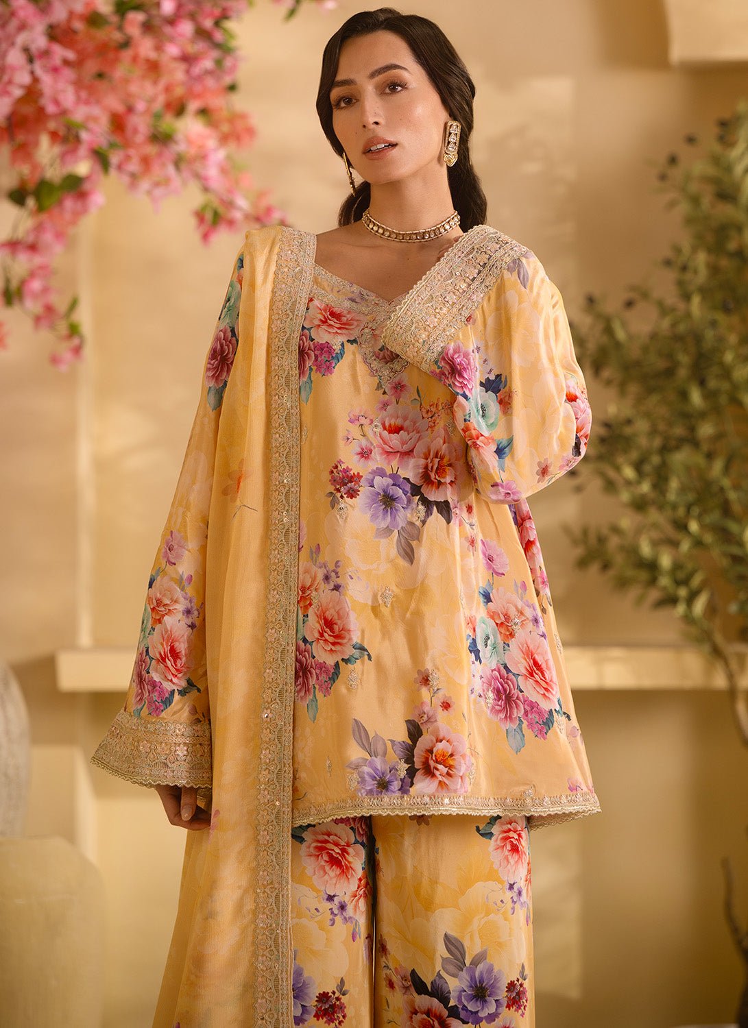 Yellow Floral Embroidered Crepe Silk Palazzo Suit - Lashkaraa