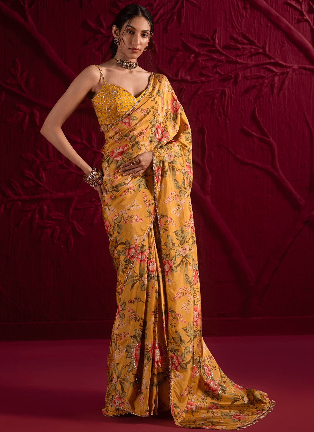 Yellow Floral Embroidered Crepe Silk Saree - Lashkaraa