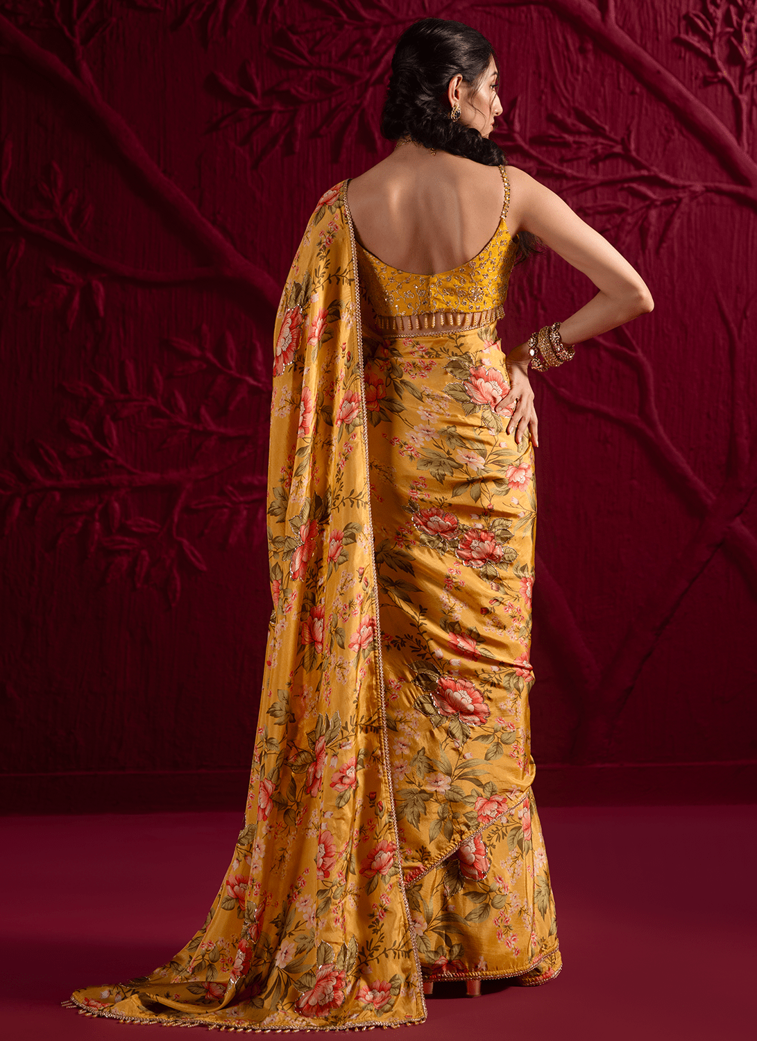 Yellow Floral Embroidered Crepe Silk Saree - Lashkaraa