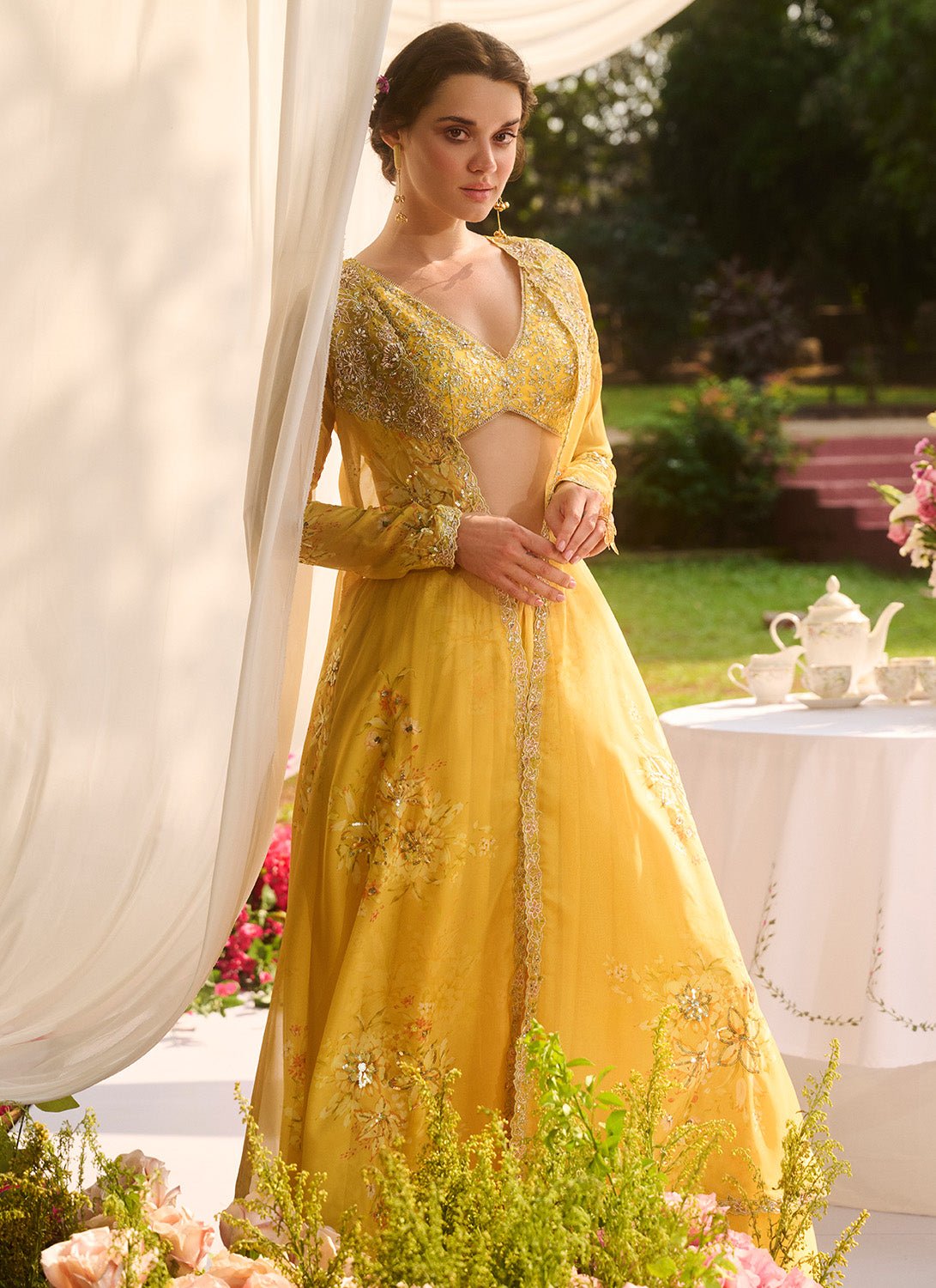 Yellow Floral Embroidered Pant Set With Jacket Yellow Floral Embroidered Pant Set With Jacket
