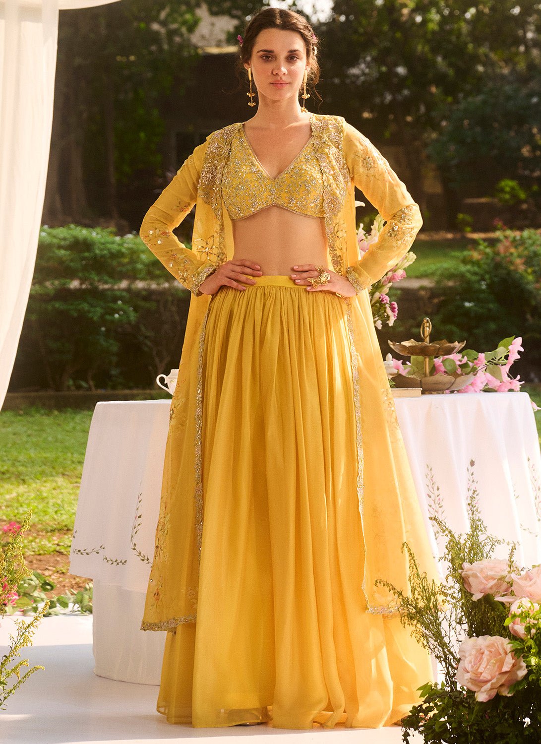 Yellow Floral Embroidered Pant Set With Jacket - Lashkaraa