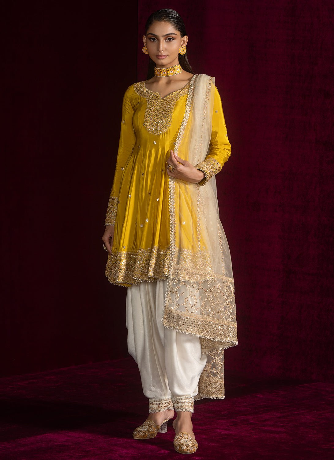 Yellow Peplum Style Embroidered Punjabi Suit - Lashkaraa