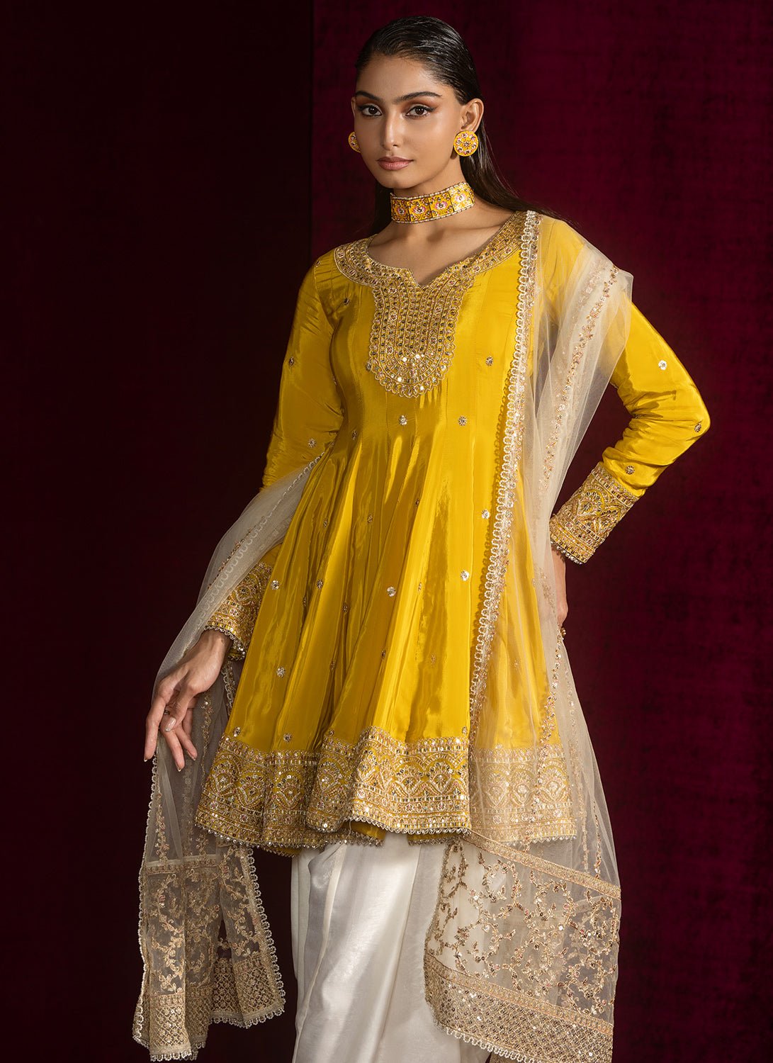 Yellow Peplum Style Embroidered Punjabi Suit - Lashkaraa
