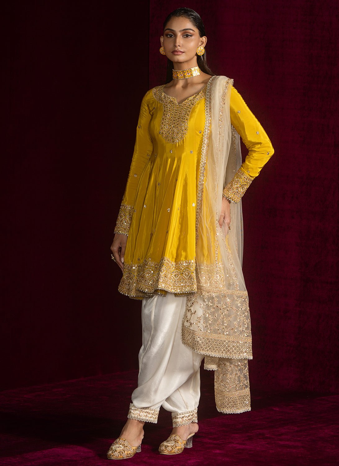 Yellow Peplum Style Embroidered Punjabi Suit - Lashkaraa