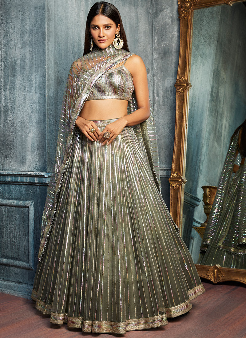 Light Grey Multicolor Sequins Embroidered Lehenga