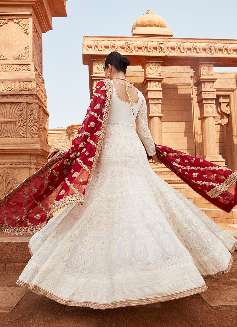 Check out the elegant Embroidered Crepe Anarkali Suit in Off White - Salwar