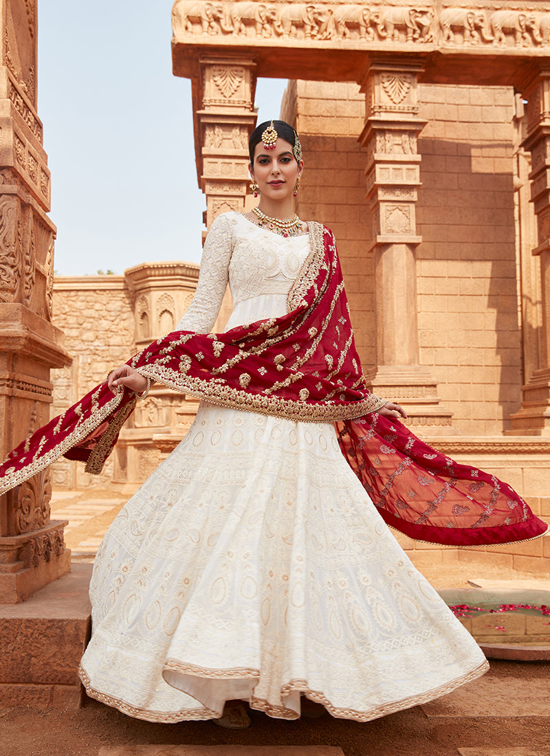 Off White Lakhnavi Anarkali With Maroon Dupatta